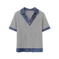 thumbnail image 4 of Dazajoo Denim Henley Shirt Women Short Sleeve Buttons Lapel Pullover Tops Casual Colorblock Streetwear Shirts,Gray,L, 4 of 7