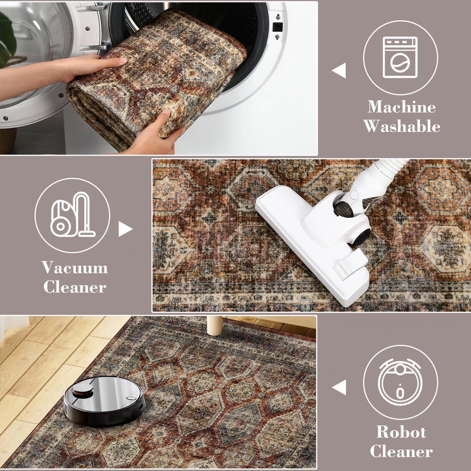 Hasoo Indoor Washable Area Rug 9' x 12' Floral Rugs for Living Room Geometric Throw Floor Mats Non-Slip Accent Carpet Brownish Red