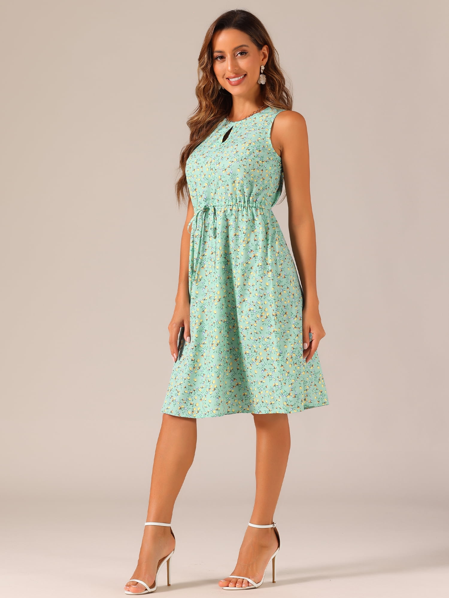 DARING DIVA Floral Sleeveless Drawstring Waist A-Line Dress M Light Green