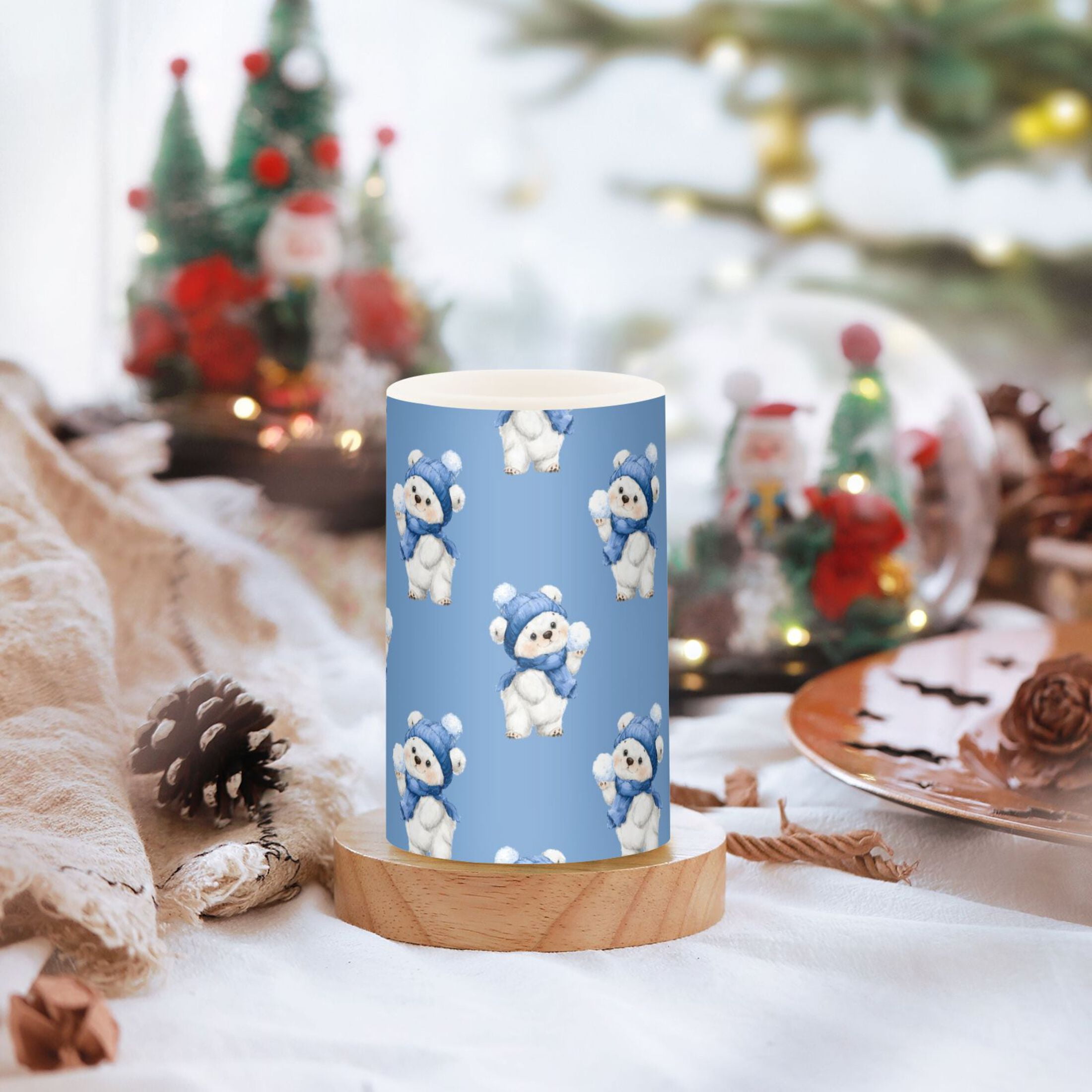Bear Wearing A Blue Winter Hat Pattern Flameless LED Candle Set with Remote, Battery Operated Color Changing Pillar Candles, Set of 2