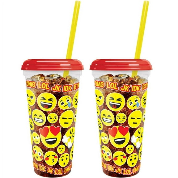 2-Pack 32 oz. Tall Plastic Emoji Design Cup, Kids Funny Travel Straw Tumblers/ Adults Iced Cold Drinking Party Cup