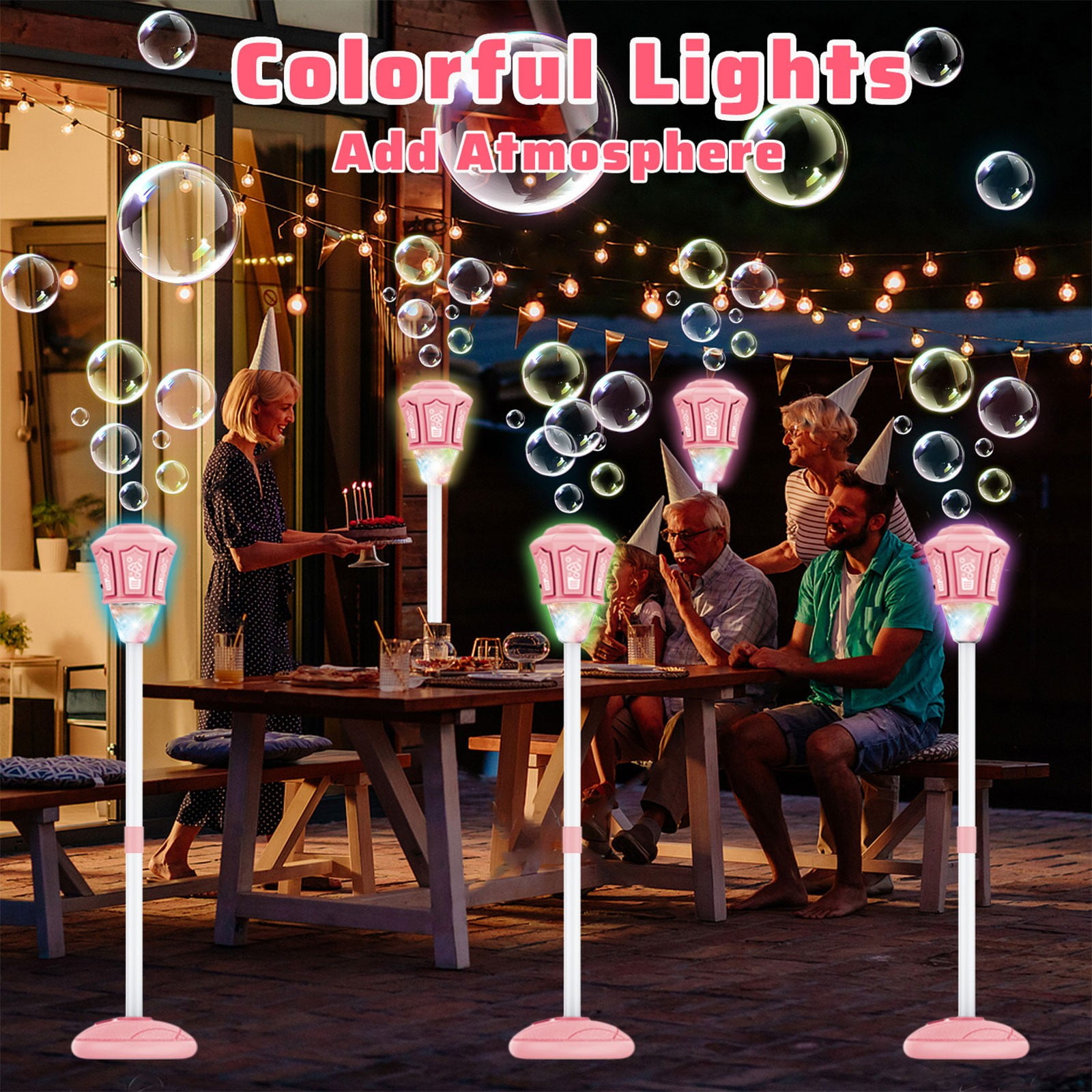 Automatic Bubble Machine Blower, Outdoor Indoor Bubble Maker with Colorful LED Lights and Music, Rechargeable Bubble Blower for Garden Park Parties, 46x8x8 Inches