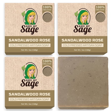 Age of Sage Natural Bar Soap for Men - Vegan Bath Soap Bars Gift Set - Handmade Cold Process Artisan Soap with Essential Oil, All Moisturizing Wash Soaps, Fragrant Sandalwood Rose Scent (4 Pack)