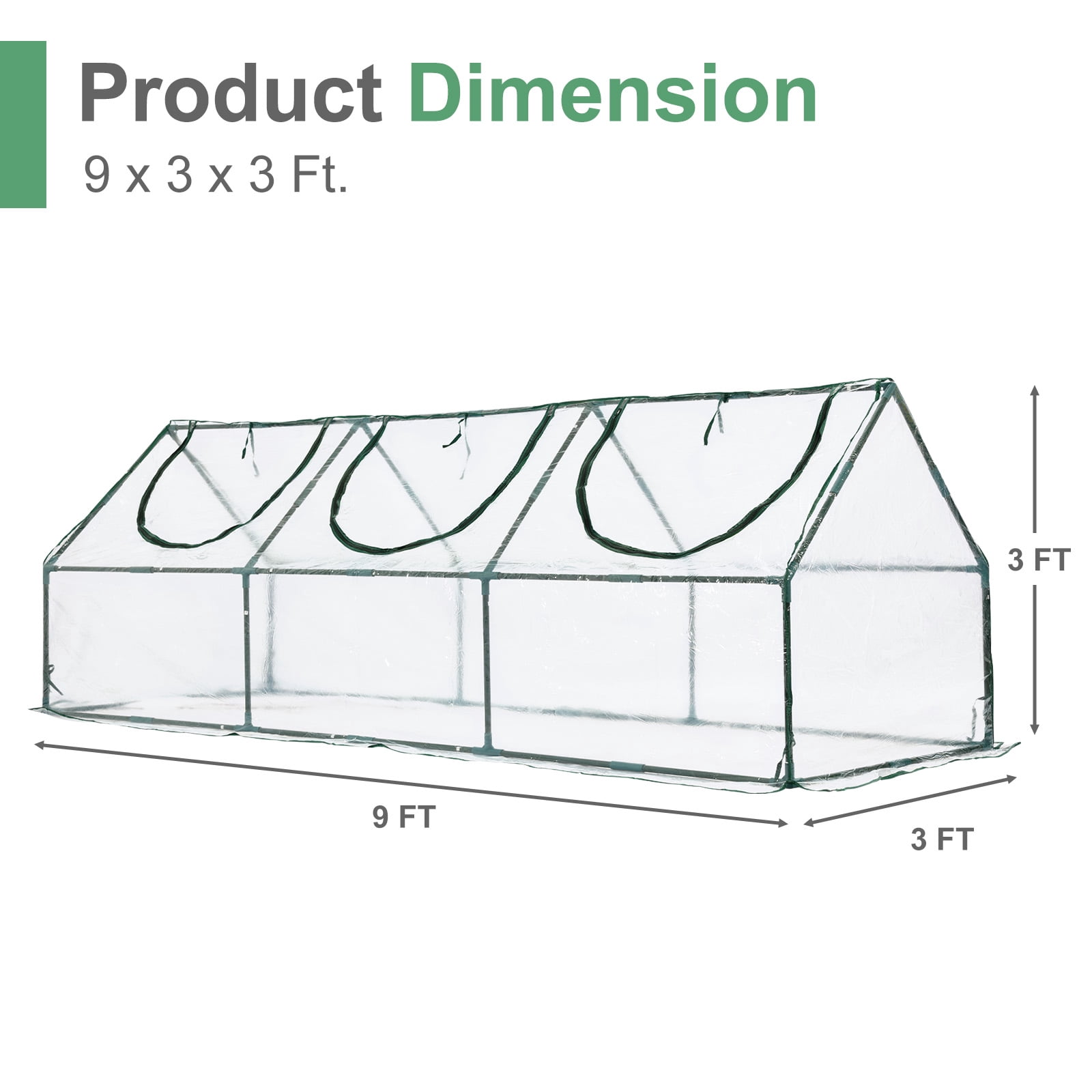 Aoodor 9 ft. x 3 ft. x 3 ft. Mini Greenhouse with 3 Zipper Doors, Water Resistant UV Protected for Flowers, vegetables and herbs - Transparent