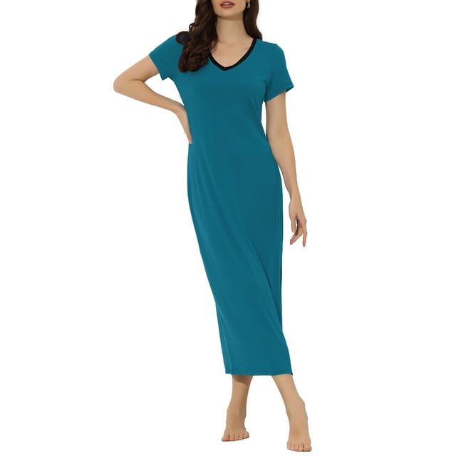 INSPIRE CHIC Pijamas de Mujer Vestido Largo de Noche con Escote en V y Abertura Lateral Talla XS Color Azul Pavo Real