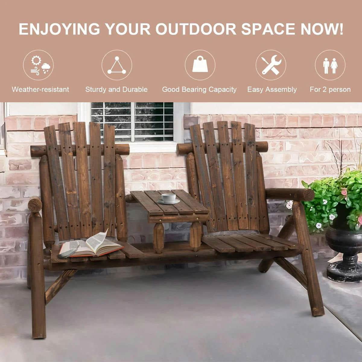 Spaco 2-Seat Wooden Adirondack Chair, Patio Bench with Table, Loveseat Fire Pit Chair for Outdoor, Brown