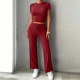 thumbnail image 5 of Costeam Womens Solid Color Crew Neck Short Sleeve Top and Long Pants Two Piece Matching Set with Side Pockets Elastic Waist Loose Fit Daily Casual Sport Loungewear Outfit, 5 of 6
