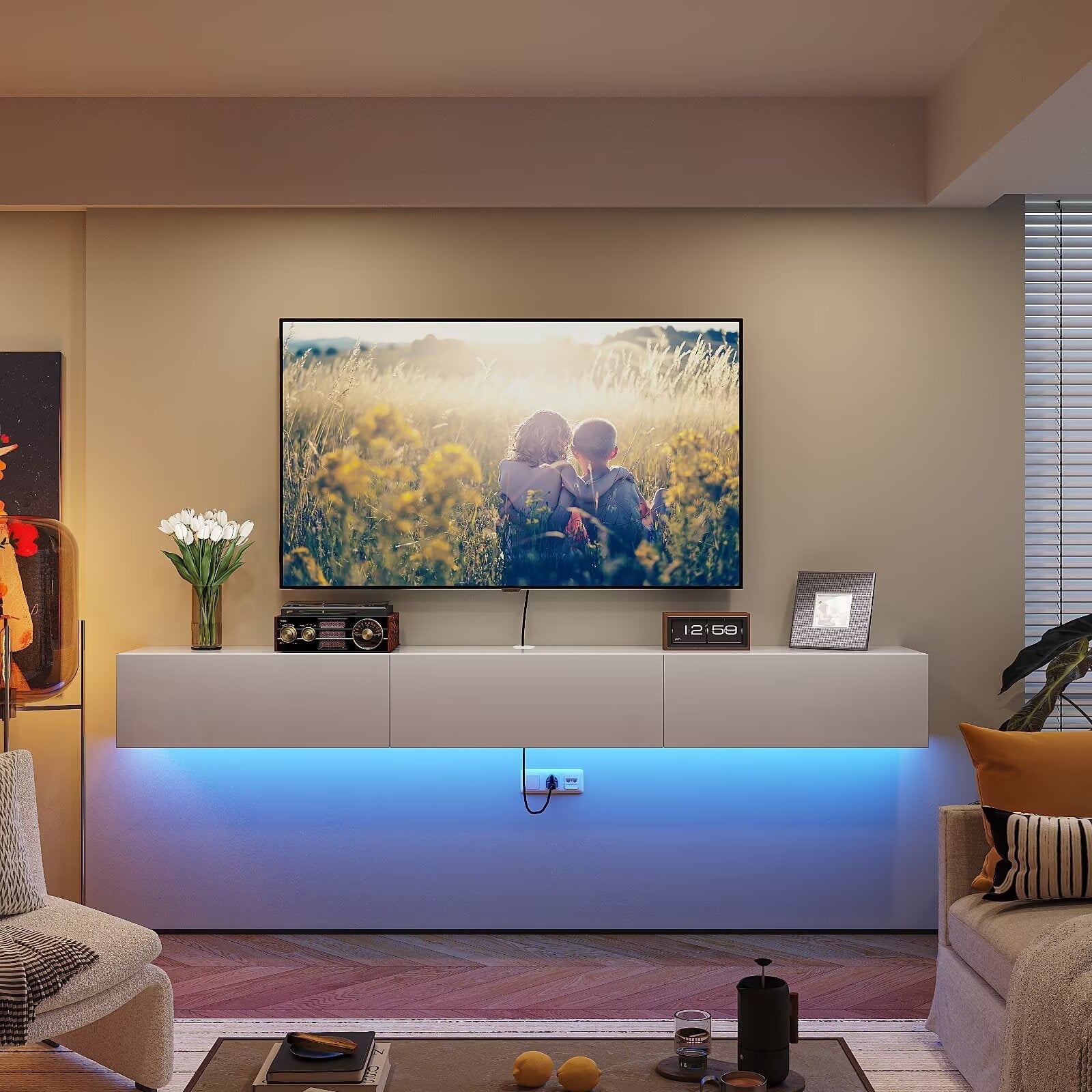 FloatiCasa 47-Inch High Gloss Floating TV Stand with 3 Doors, Wall-Mounted Entertainment Center, for TVs up to 50"