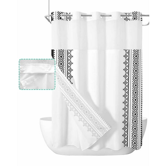 No Hook Shower Curtain with Snap in Liner, Boho Black Polka Dot Geometric Striped White Hotel Shower Curtains for Bathroom, Washable Shower Curtain Liner Set with Mesh Top Window, 48"x72"