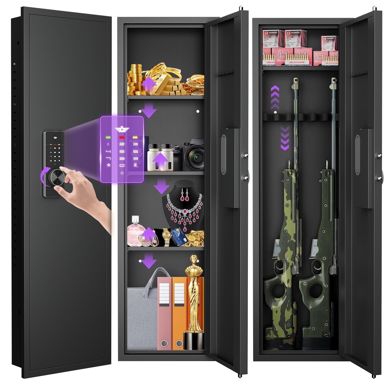 Silkight 53.15" Wall Safe Between the Studs, Hidden Safe with Dual Alarm System and Silent Mode, Wall Gun Safe with 3 Adjustable Shelves and Magnetic Slot