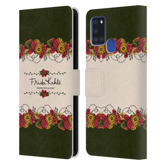 Head Case Designs Officially Licensed Frida Kahlo Red Florals Border Leather Book Wallet Case Cover Compatible with Samsung Galaxy A21s (2020)