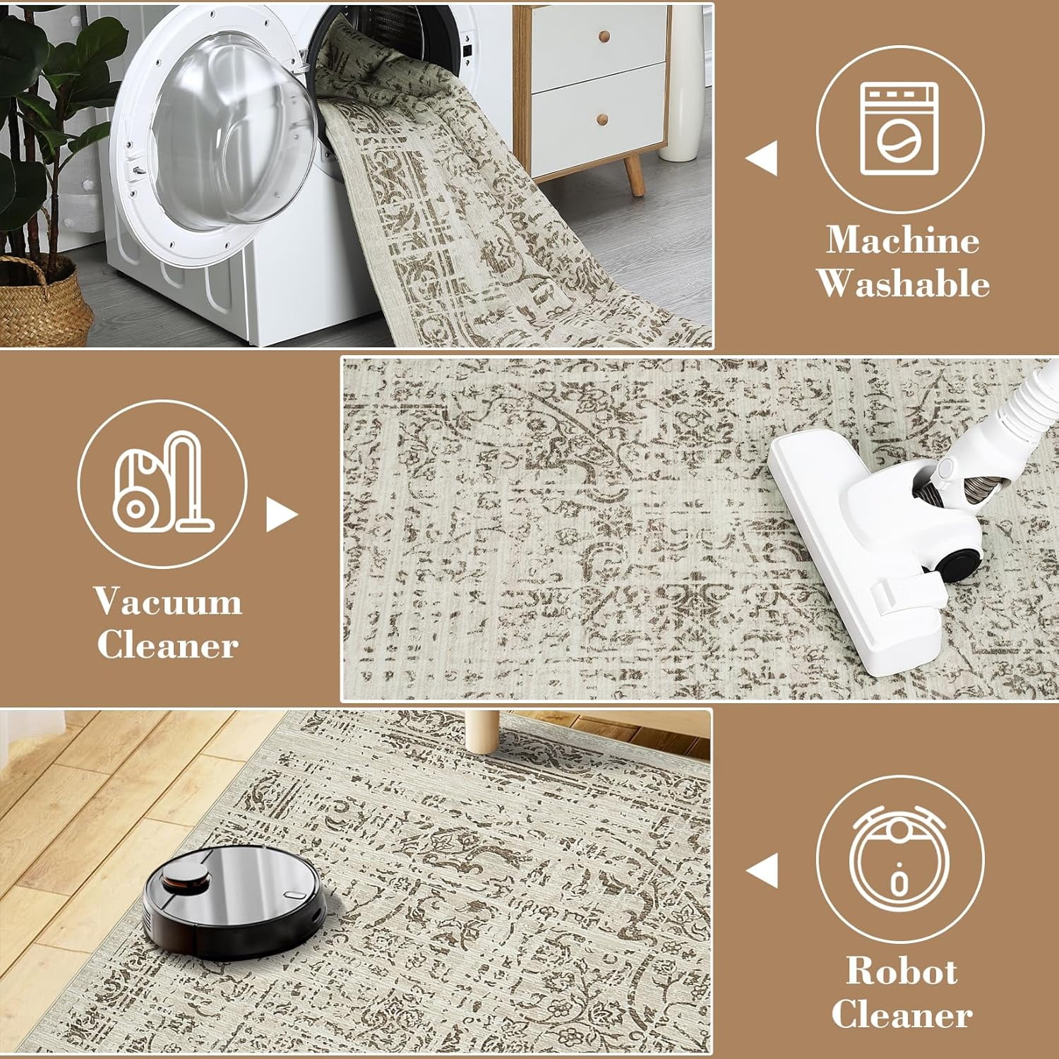 5x7 Washable Area Rug - Vintage Traditional Foldable Thin Kitchen Accent Indoor Distressed Non Slip Carpet Floral Print Mat Bathroom - Brown