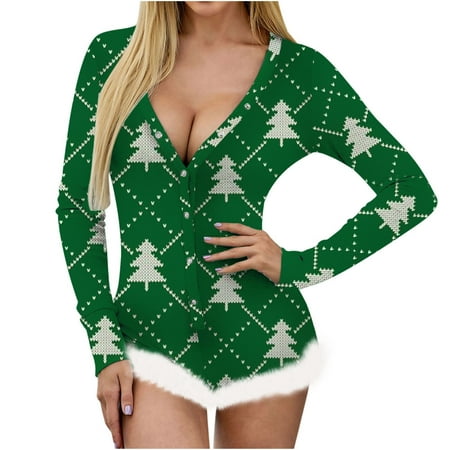 

Munlar Robes For Women Christmas Loungewear For Family Women’s Christmas Not Positioned Print V-neck Backless Feather Detail Long Sleeve Sexy Bodysuit Sexy Lingerie Pajamas