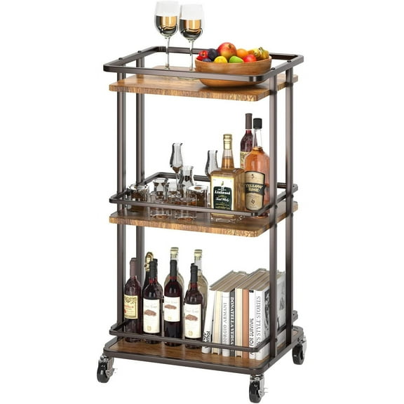 Bar Cart for The Home, 3 Tier Small Wine Bar Cart, Drink Serving Cart on Wheels with Glass Holder, Mini Beverage Utility Cart for Kitchen, Dining Room, Living Room