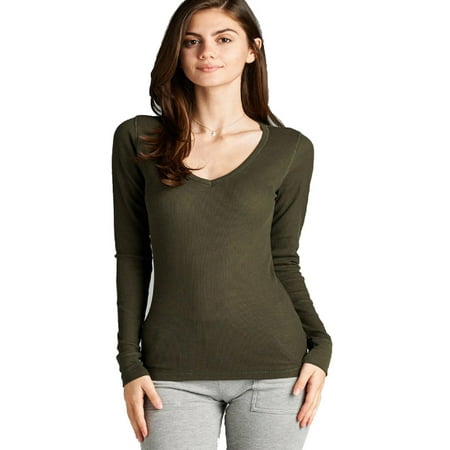 Tan Basic Tee - Made by Olivia Women's Plain Basic Round V Neck Thermal Long Sleeves T Shirt Top Olive L