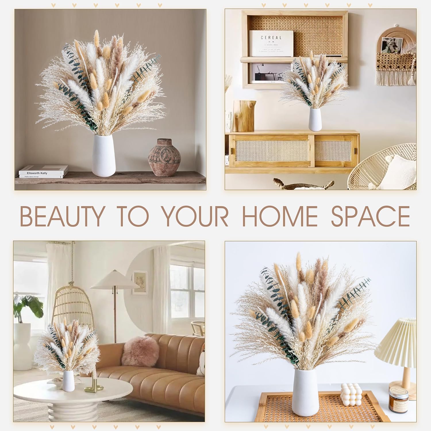 Boho Decor Bouquet Eucalyptus Pampas Grass Decor Dried Pampas Home Decor Dried Flowers Bouquet for Wedding Floral Arrangements Table,Home,Rustic,Farmhouse Decor(White&Green)