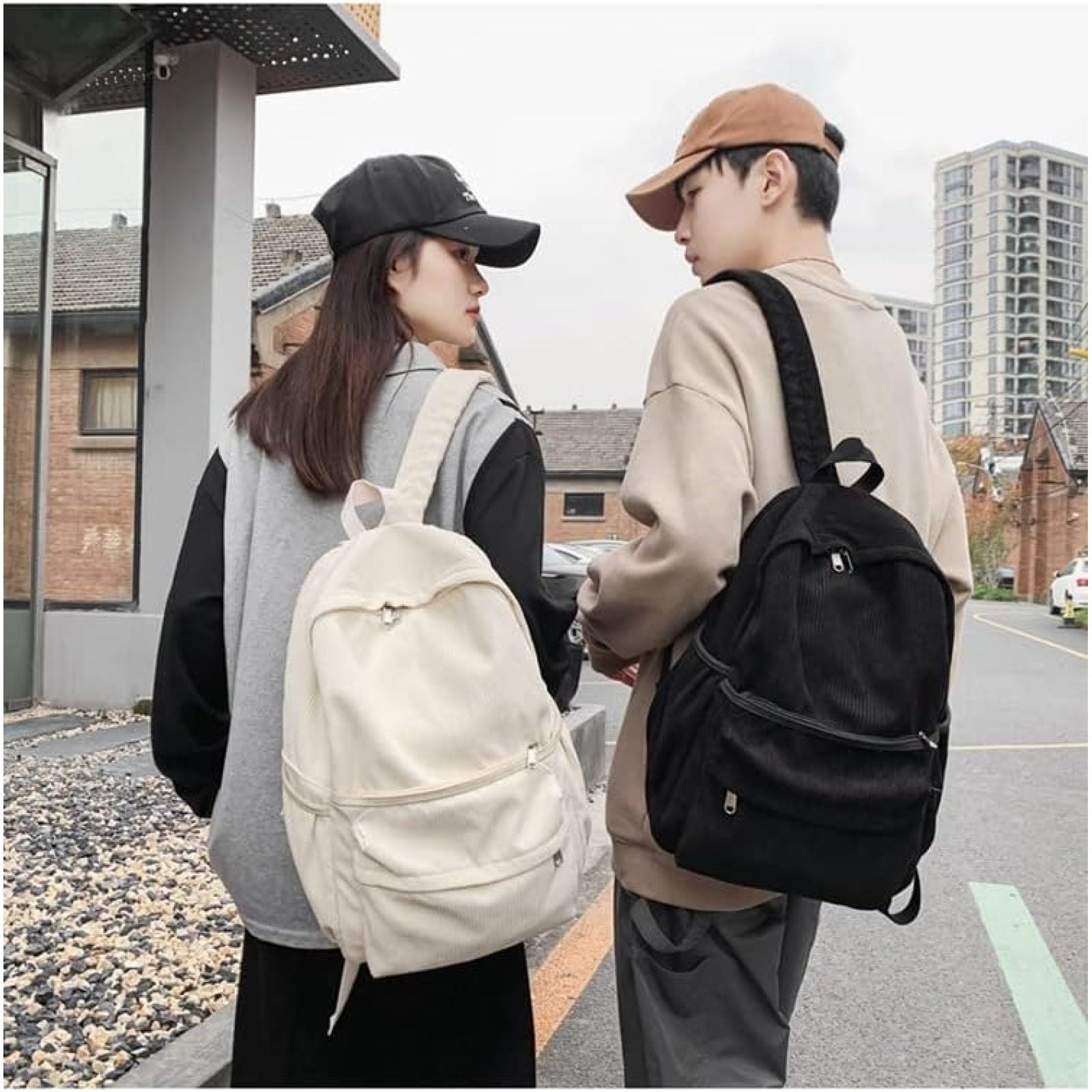 SQDWYGUO Preppy Corduroy Backpack Aesthetic Backpack 15.6 inch Laptop College Backpack Cute Book Bag Travel Rucksack Daypack,Black