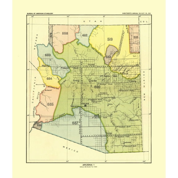 Historic State Map - Western Arizona - Hoen 1896 - Vintage Wall Art