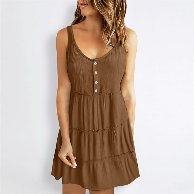 FcBaudy Robe Camis Sans Manches à Col Rond, Robes pour Femmes, Robes pour Femmes Mode Féminine Été Décontractée Bretelles Col Rond Couleur Unie Robe Sans Manches Femme Lavage à l'Eau Jupe à Plis