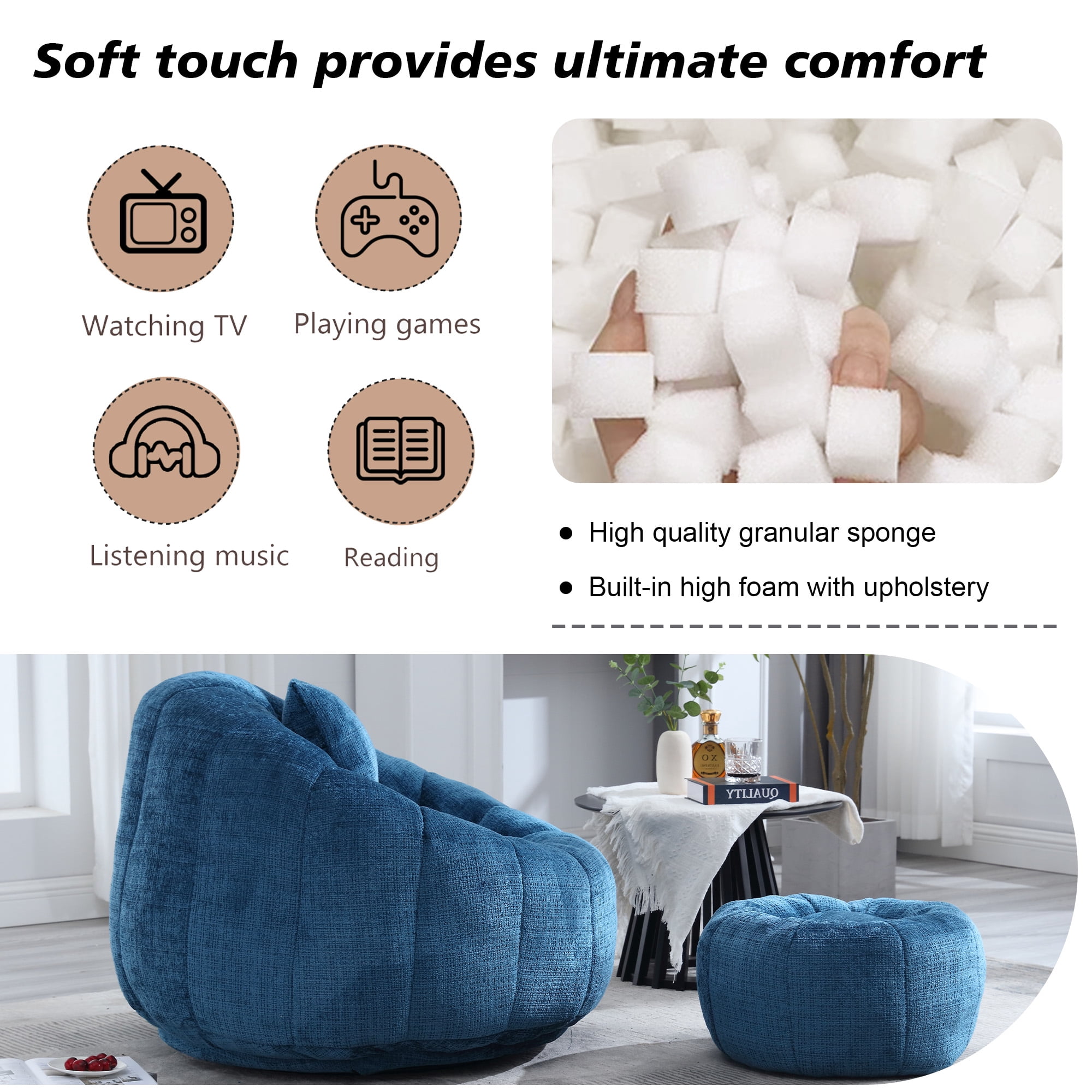 Chenille Upholstered Round Lazy Cozy Bean Bag Chair with Ottoman-Navy Blue
