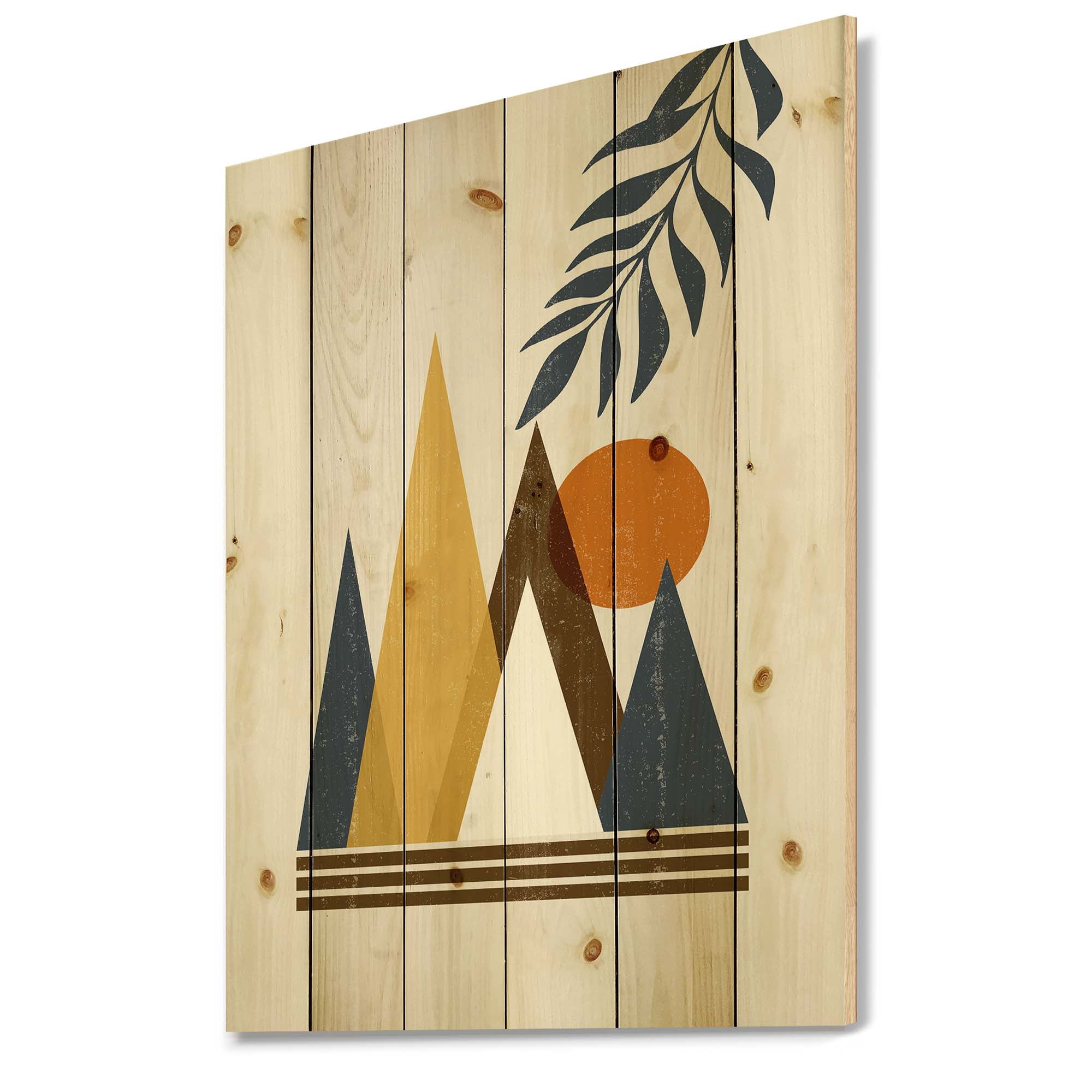 Designart 'Abstract Moon and Sun In Mountains I' Modern Print on Natural Pine Wood