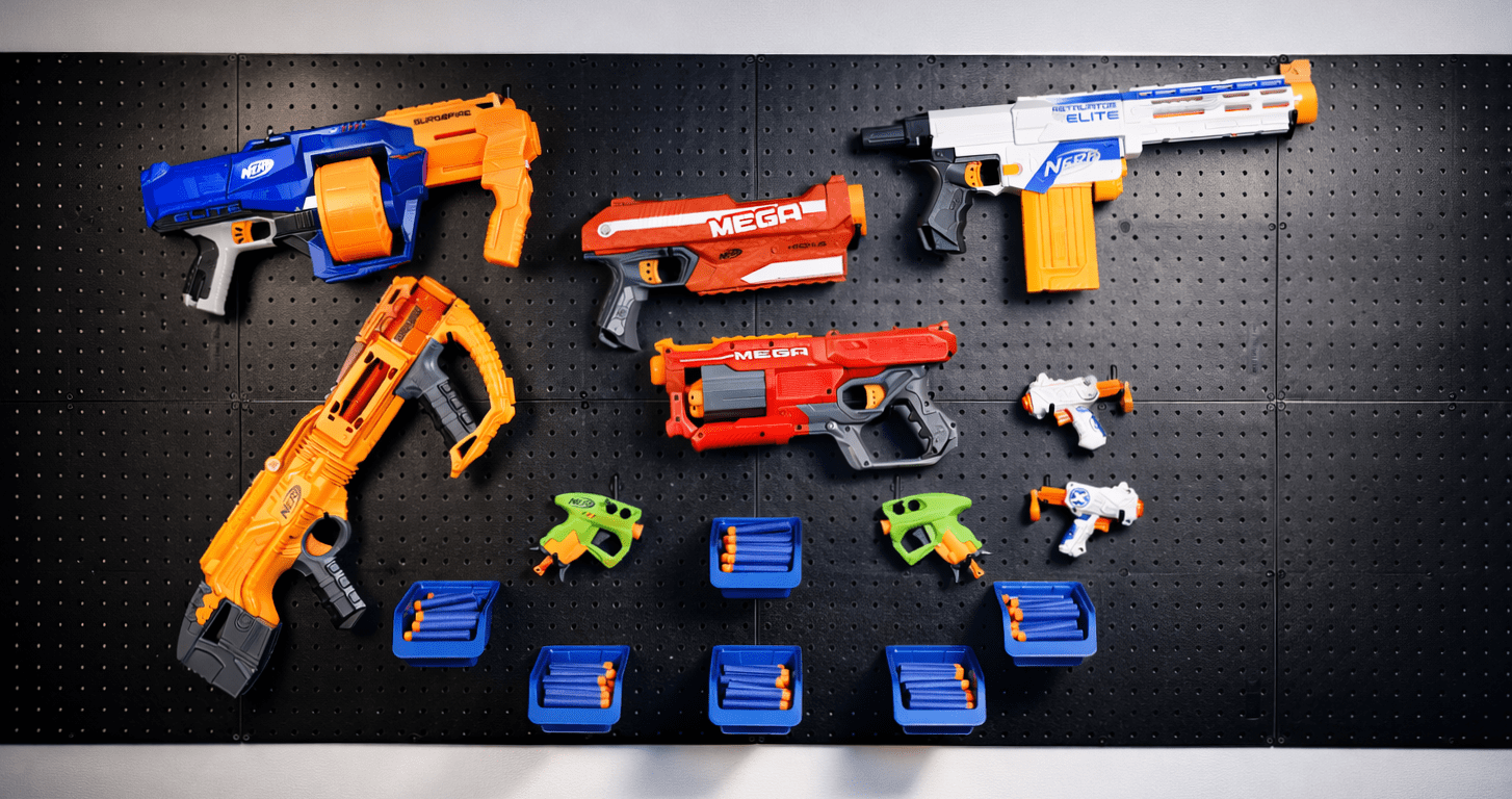 WallPeg Nerf Organizer Accessory Kit – 6 Large Cobalt Blue Pegboard Bins Ammo Storage & 20 Jumbo Peg Hooks for Mounting Nerf Blasters