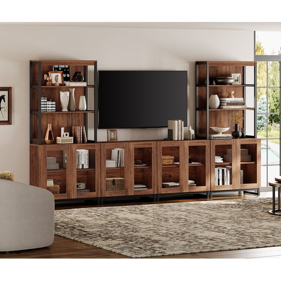 WAMPAT Modern TV Stand with 3-Tier Bookshelf, Farmhouse Entertainment Center with 4 Large Storage Cabinets & Adjustable Shelf, Wooden Media Console with Glass Doors for Living Room, Brown
