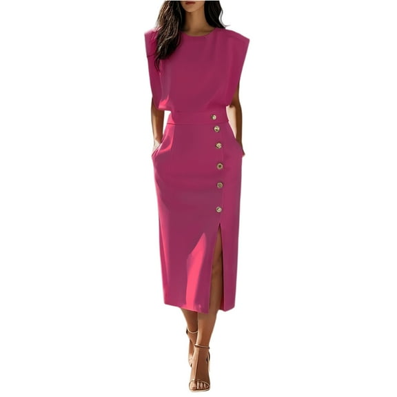 Womens Crew Neck Long Sleeve Spring Fall Dresses,Women's Fashion Fashion Style Solid Color Round Neck Waist Split Metal Buttons Dresses Hot Pink