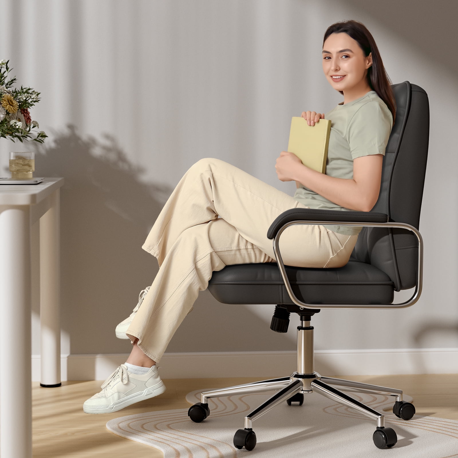 Ninecer Ergonomic Office Chair with Wheels, 360° Swivel Desk Chair with Rocking Function, PU Leather Computer Chair for Home Office, Study,, Beige