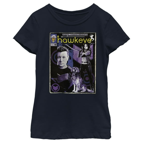 Girl's Marvel Hawkeye Bishop and Lucky the Pizza Dog Comic Cover  Graphic Tee Navy Blue Large