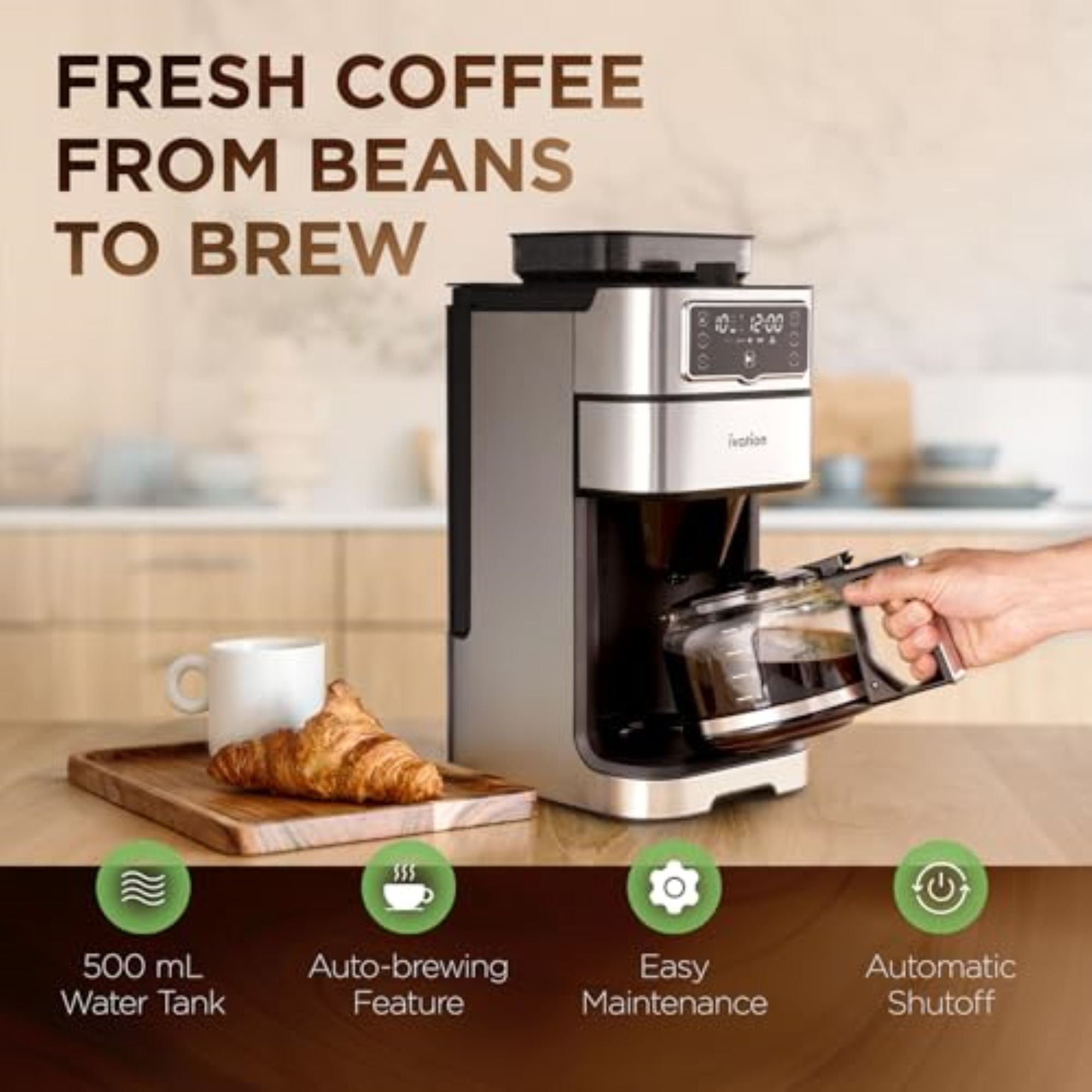 Ivation 2-in-1 Drip Coffee Maker & Grinder – 10 Cup, Auto Brew, Timer, 1.5L Tank, Reusable Filter.