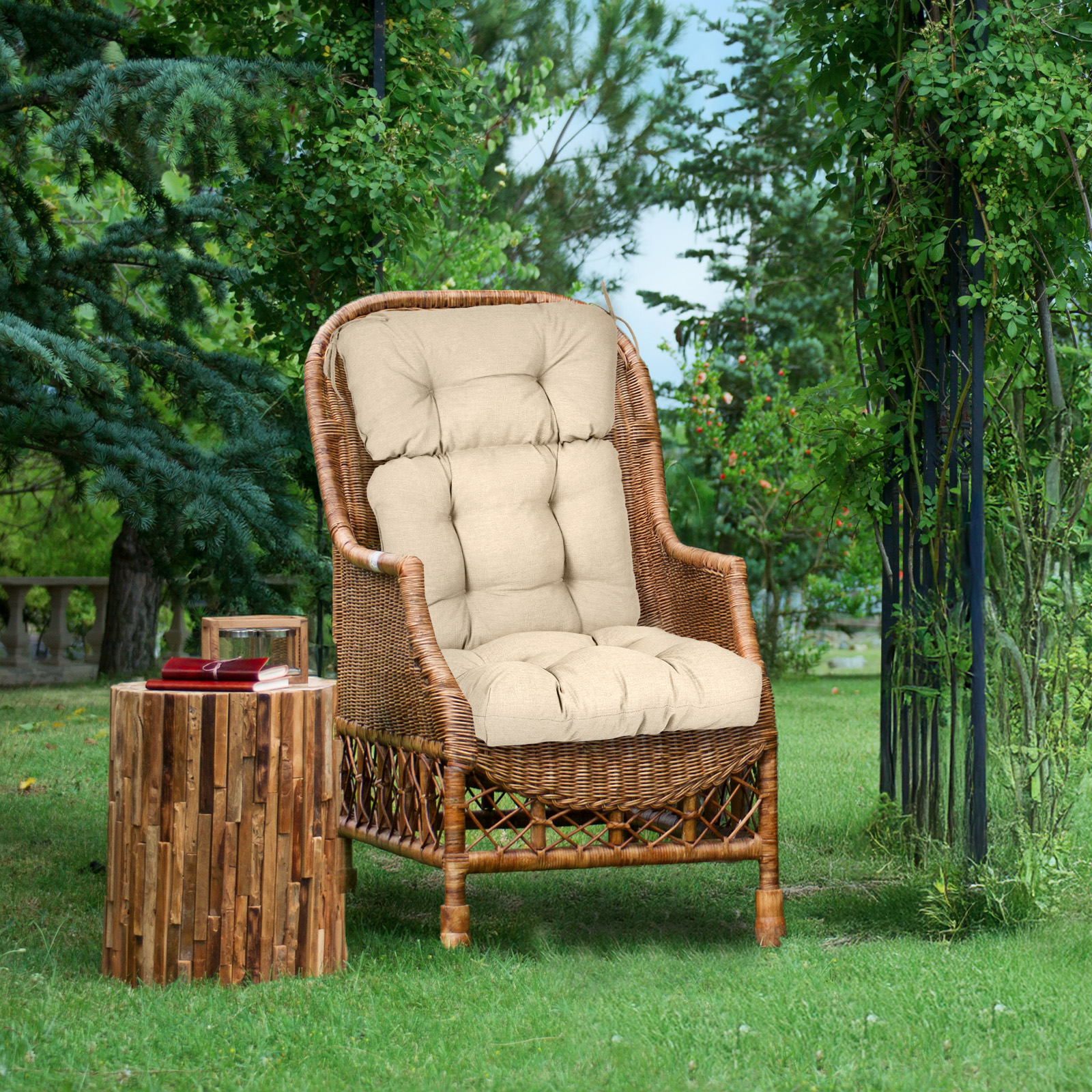 Aoodor Outdoor 45"x 22" x5" Tufted High Back Cushions Patio Replacement Chair Cushion with Ties, Water and Fade Resistant for All Weather (Khaki, Set of 2）