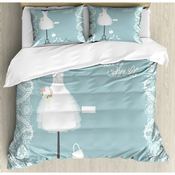 Bridal Shower Duvet Cover Set, Vintage French Inspired Bride Dress with Floral Frames Desiign Print, Decorative 3 Piece Bedding Set with 2 Pillow Shams, Calking Size, Pale Blue White, by Ambesonne