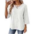 thumbnail image 2 of Tusihei Women V Neck 3/4 Sleeve Casual Tops Loose Fit Boho Pullover Tee Solid Basic Comfy Summer Fall Outfits Beach Blouse, White XL, 2 of 8