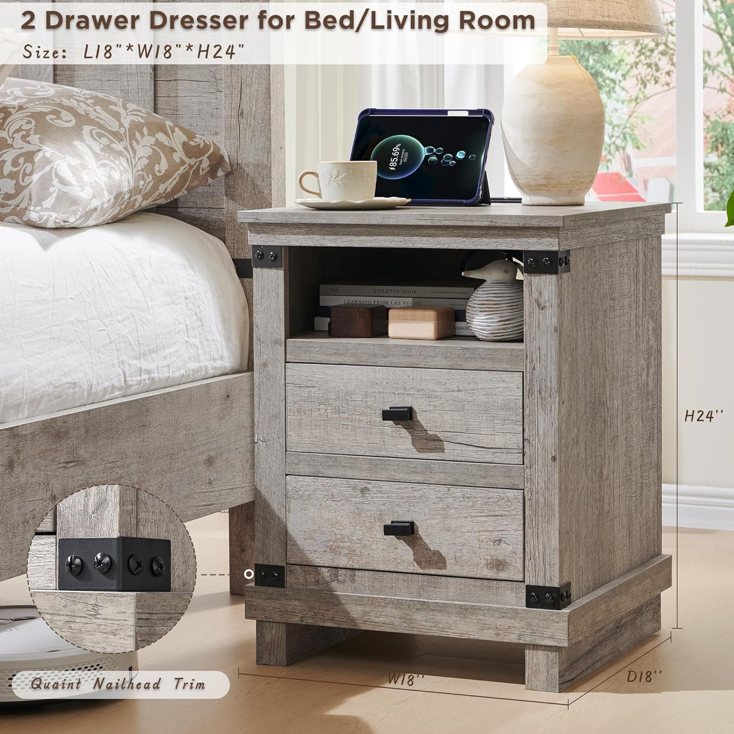 OKD Farmhouse 18" Nightstand with Charging Station, Rustic Metal Wood End Tables with Adjustable Shelves, End Tables，Light Rustic Oak