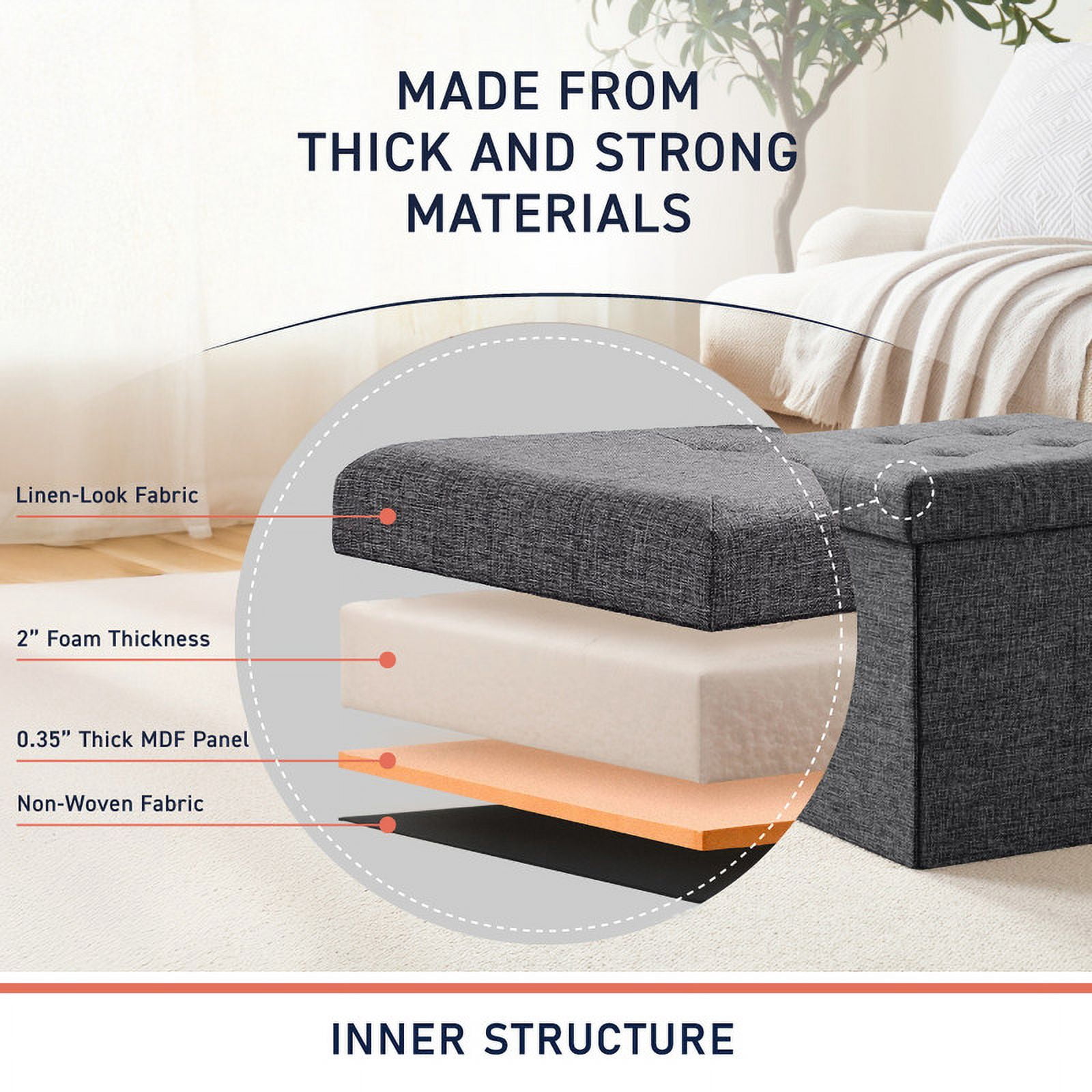 Ornavo Home 2 Pack 15 Inch Folding Storage Ottoman with Storage, Square Cube Linen Small Storage Ottoman Foot Rest Stool - Dark Gray