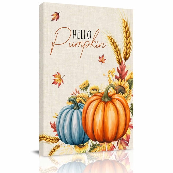Canvas Wall Art, Orange Blue Pumpkins Fall Framed Canvas Prints for Hallway Living Room, Thanksgiving Botanical Floral Rustic Gallery Wrapped Wall Decor for Home Office, Gifts, 20"x30" Ship Next Day