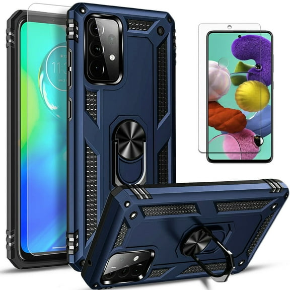 Starshop Case for Samsung Galaxy A73 5G, Glass Screen Protector, Drop Protection Ring Kickstand Cover Blue