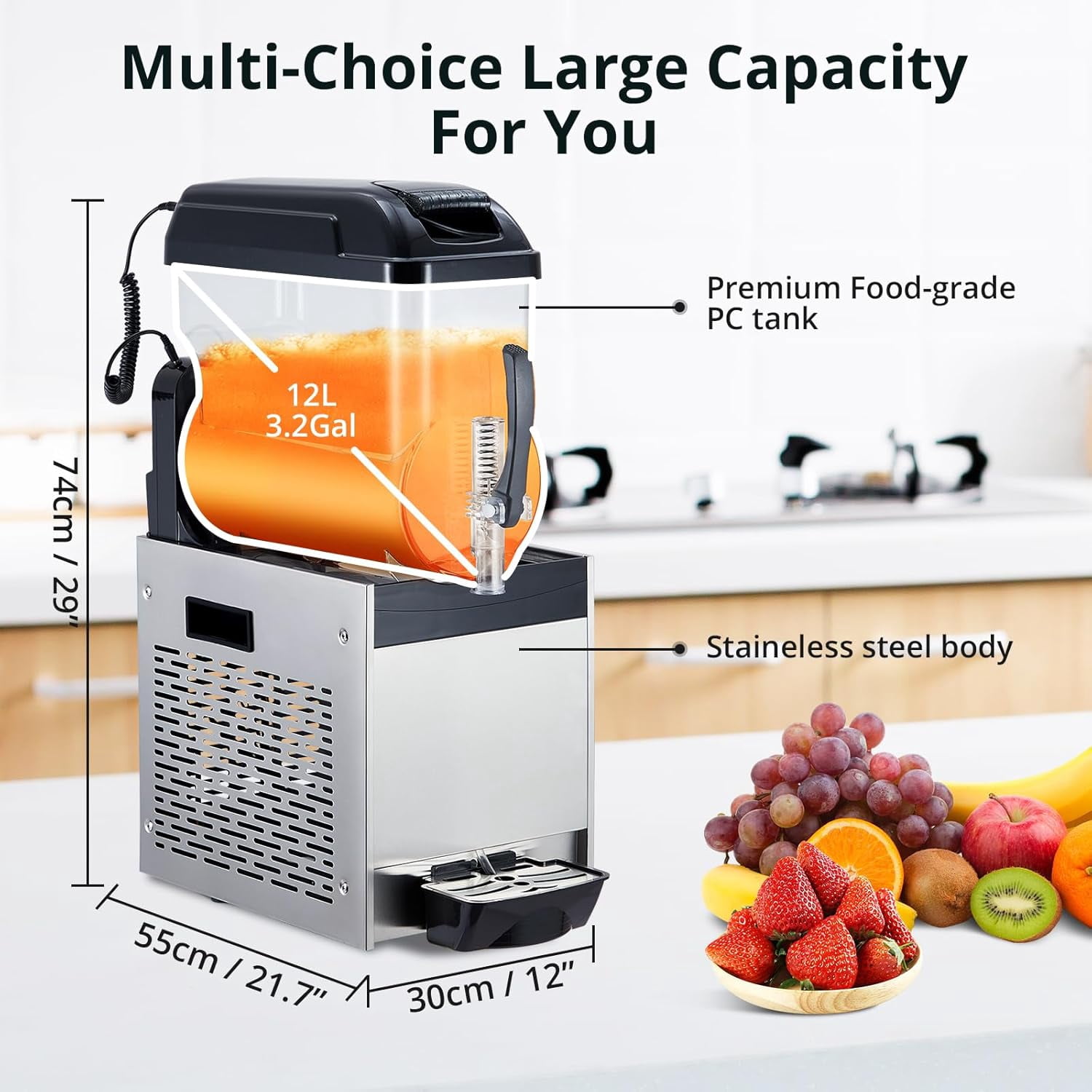 Commercial Slushy Machine, 12L/3.2 Gal Frozen Margarita Machine Smoothie, Self-Cleaning, 500W Stainless Steel Slushie Machine for Snow Melts, Cocktails, Homes, Coffee Shops, Restaurants