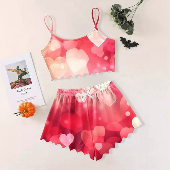 Womens Pajamas Set Valentines Theme Print Casual Tank Tops and Shorts Soft Comfortable 2 Piece Sleepwear for Women Hot Pink L