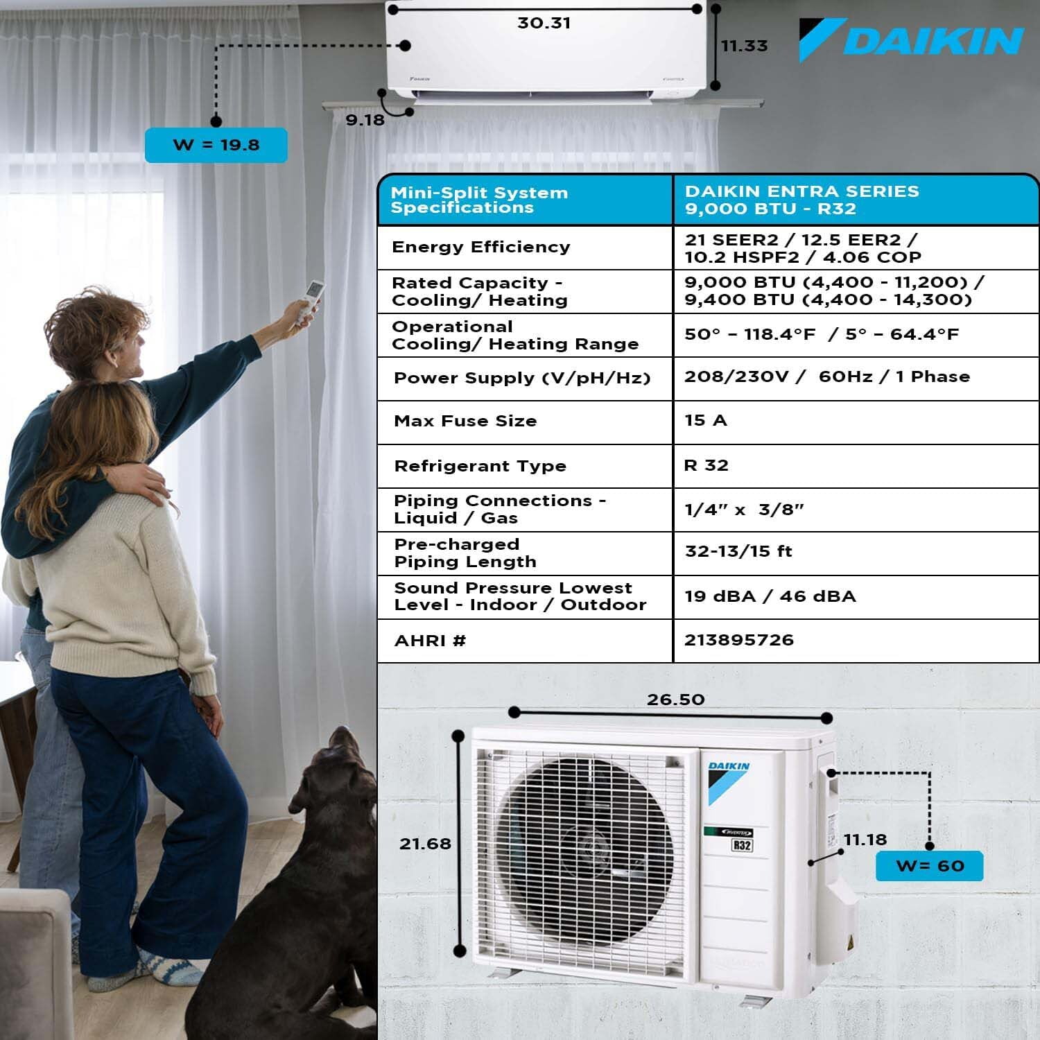 Daikin 18,000 BTU 21 SEER2 Oterra R32 Series Ductless Mini-Split