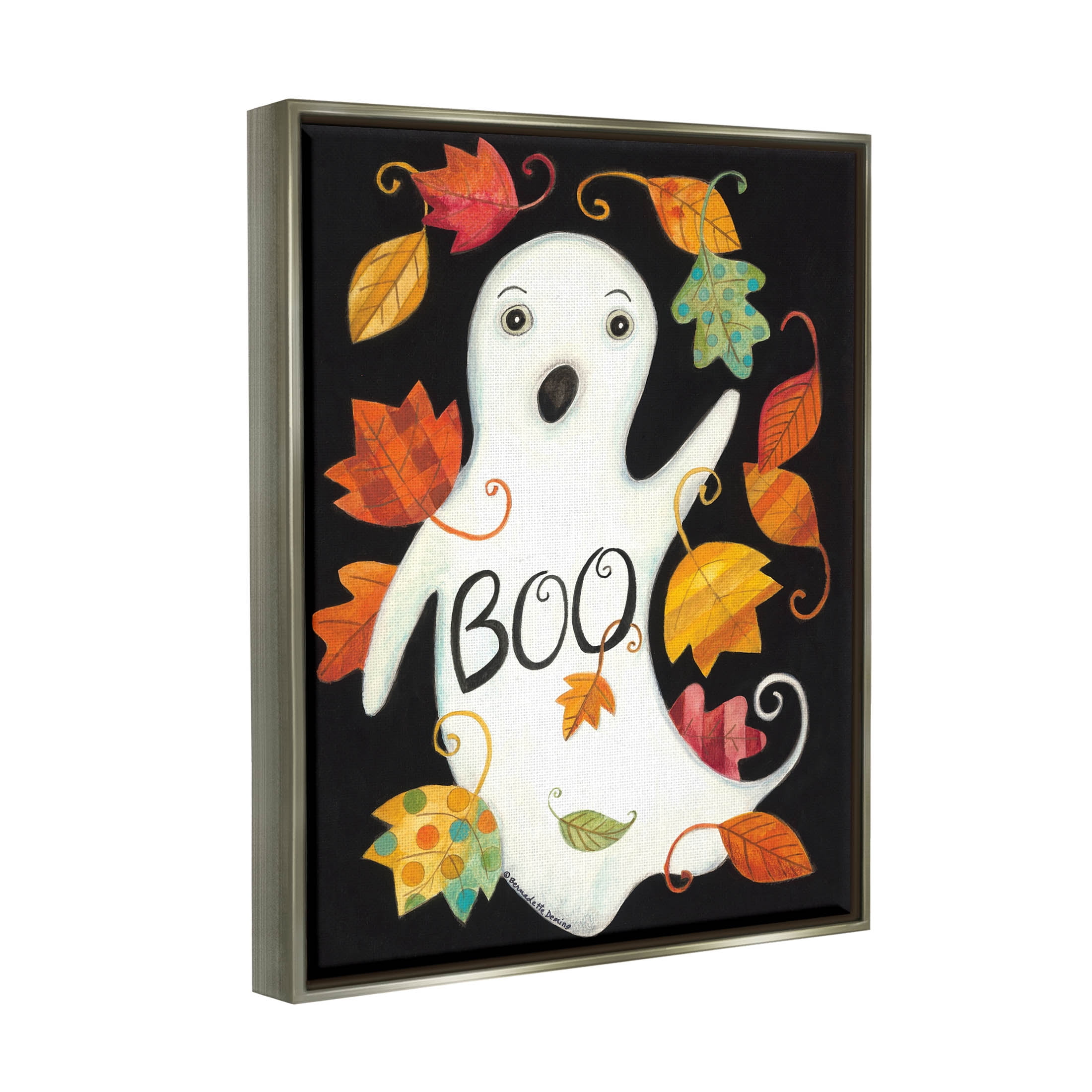 Vintage Boo Ghost Patterned Leaves Holiday Graphic Art Luster Gray Framed Art Print Wall Art