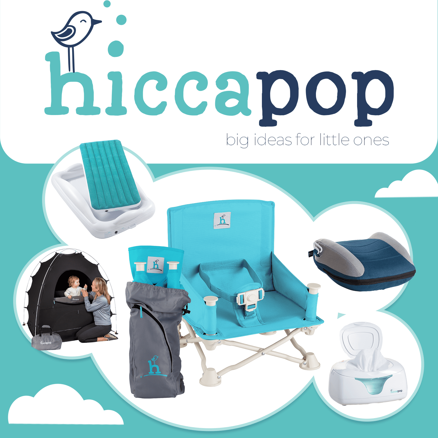 Hiccapop OmniBoost Travel Booster Chair with Tray, Folding Portable Booster Seat for Dining Table, Camping, Beach, Grandma’s, Tip-Free Design, Blue
