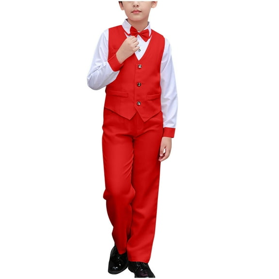 AHTJRT Suit Set for Boys Slim Fit Button Down Waistcoat and Pants Outfit 2 Pieces Formal Dress Shirt with Bow Tie Clothes Set Red 9-10 Years