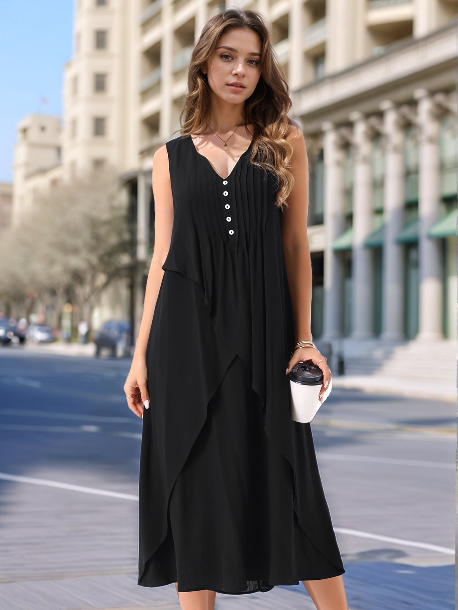 DARING DIVA Ruffle Sleeveless V Neck Pleated Flowy Maxi Dress S Black