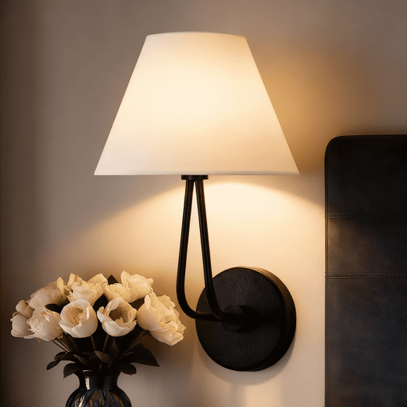 Elegant Cream Linen Shade With Metal Frame Wall Sconce, Hardwired Indoor Single Sconce Light Wall Mounted Lamp for Bedroom Living Room Stairs Hallway