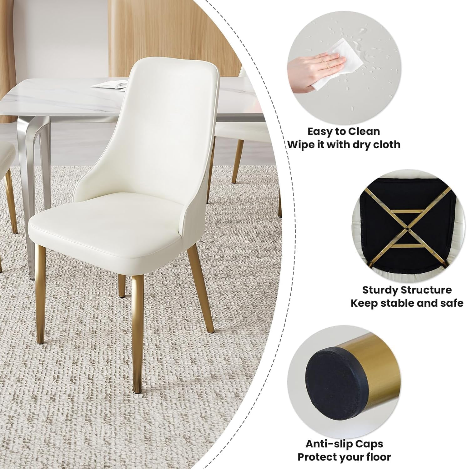 Montary Contemporary Dining Chairs Set of 2 - White PU Leather w/Gold Legs, Ergonomic Back Support for Kitchen & Dining Room (Stripes)