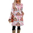 thumbnail image 3 of Women's Fashion Casual Dress with Pockets, Decorative Buttons, Christmas Prints, Round Neck and Long Sleeves for Practical Holiday Wear,Pink,S, 3 of 4