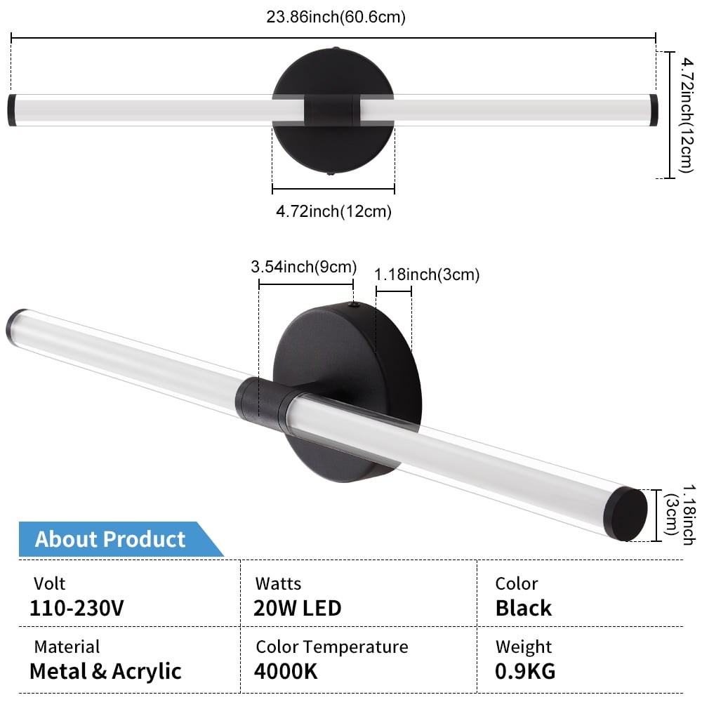 Deyidn 24 Inch Black LED Bathroom Wall Sconce, 20W Dimmable Mirror Light with 360° Illumination, for Bathroom Mirror, Makeup Vanity