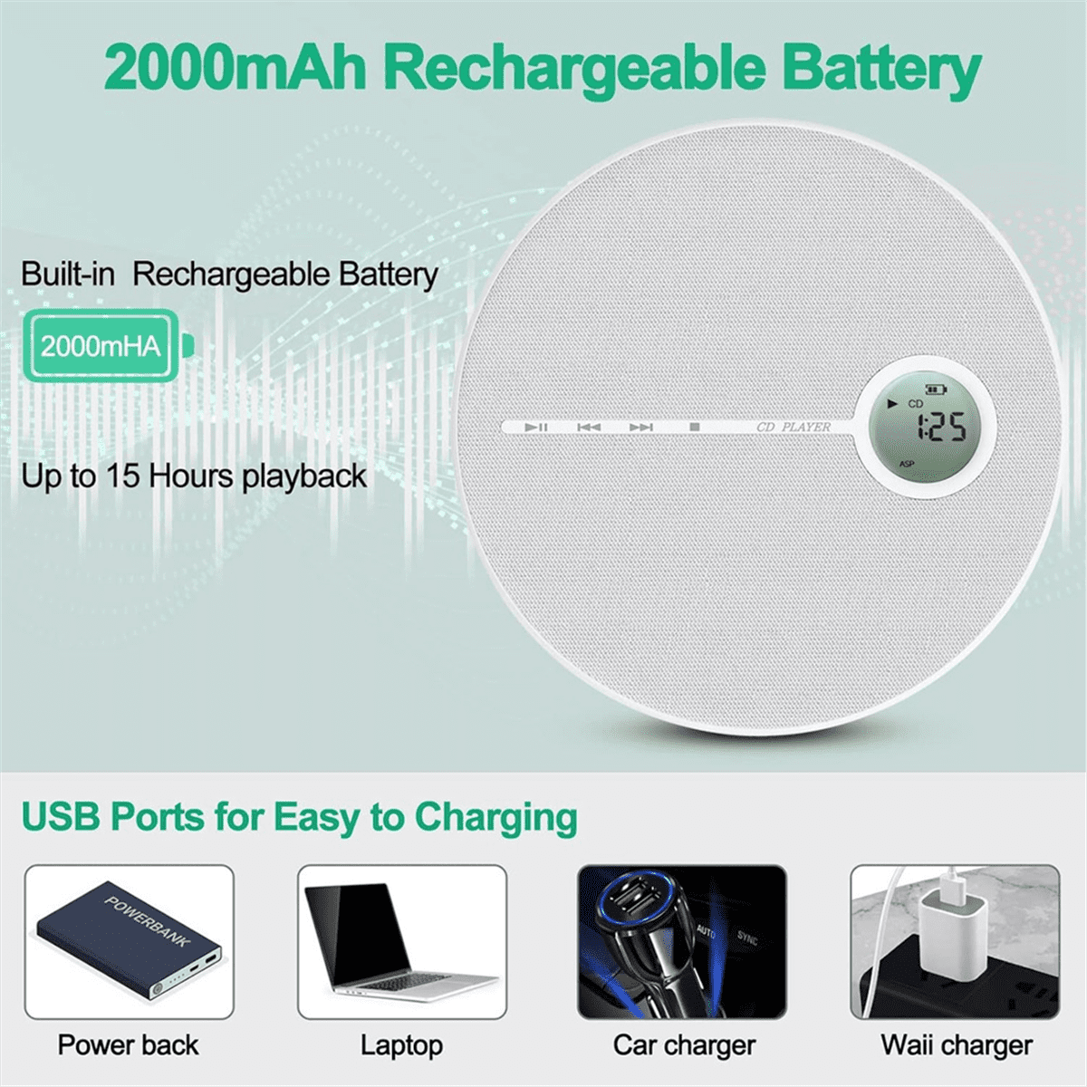 Rechargeable Bluetooth CD Player, Music CD Disc Player for Car/Travel, Home Audio with Stereo Speaker,AUX,USB Black
